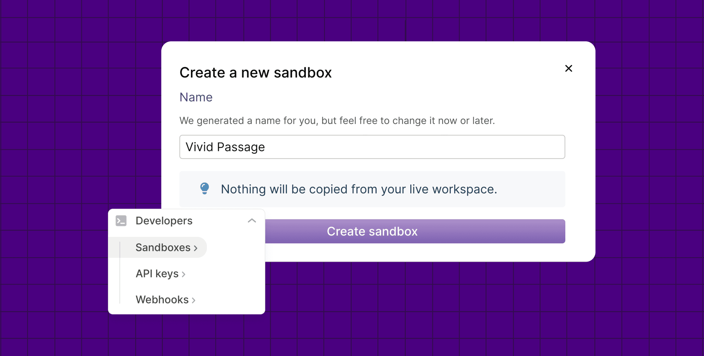 Screenshot of Create a new sandbox dialog box against a purple background